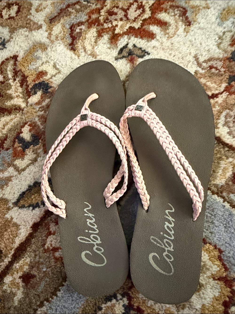 Cobian Women's Leather Braided Pale Pink Strap Flip Flop Sandals